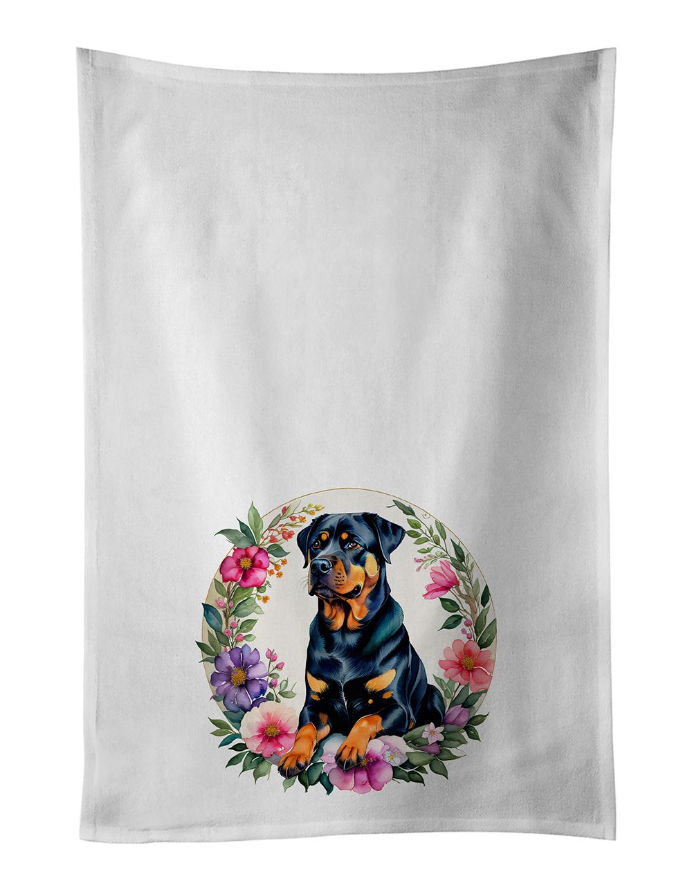 Rottweiler and Flowers Kitchen Towel Set of 2 White Dish Towels Decorative Bathroom Hand towel for Hand, Face, Hair, Yoga, Tea, 