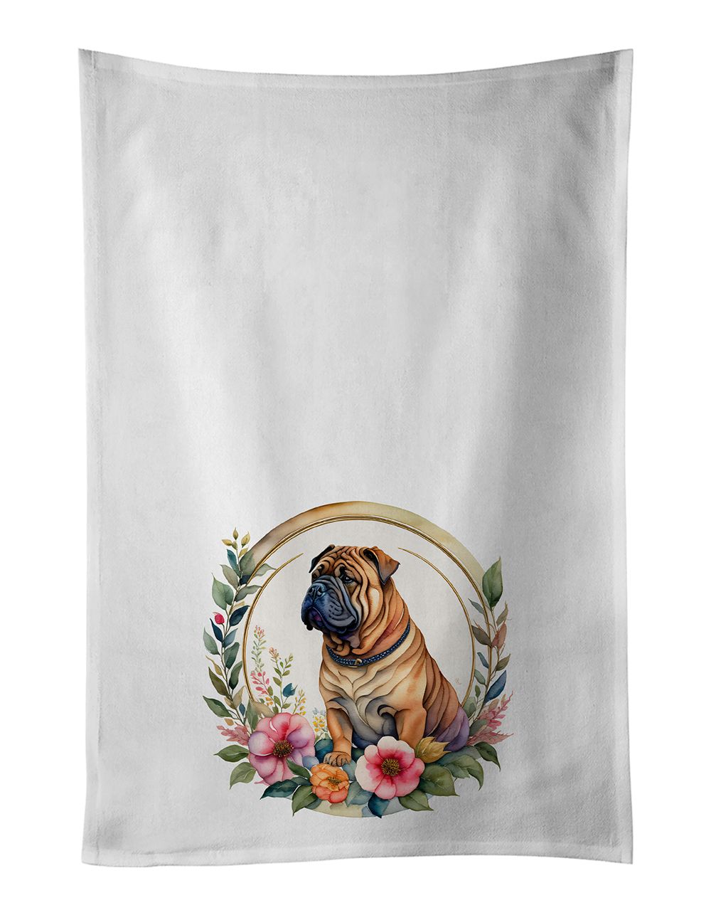 Shar Pei and Flowers Kitchen Towel Set of 2 White Dish Towels Decorative Bathroom Hand towel for Hand, Face, Hair, Yoga, Tea, Di