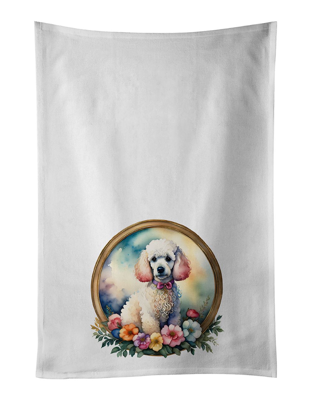 White Poodle and Flowers Kitchen Towel Set of 2 White Dish Towels Decorative Bathroom Hand towel for Hand, Face, Hair, Yoga, Tea