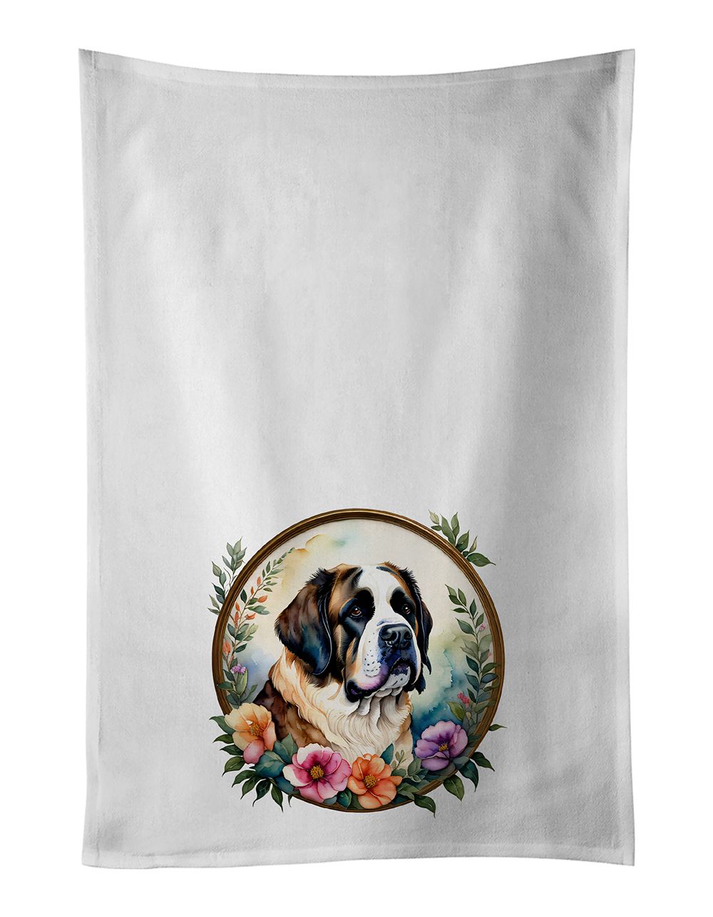 Saint Bernard and Flowers Kitchen Towel Set of 2 White Dish Towels Decorative Bathroom Hand towel for Hand, Face, Hair, Yoga, Te