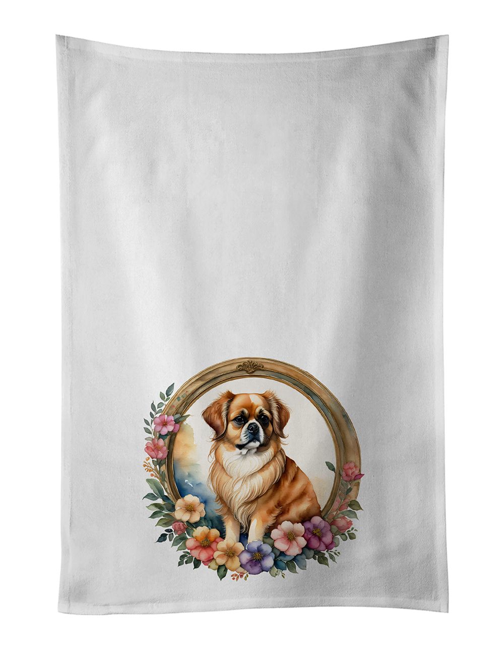 Tibetan Spaniel and Flowers Kitchen Towel Set of 2 White Dish Towels Decorative Bathroom Hand towel for Hand, Face, Hair, Yoga, 