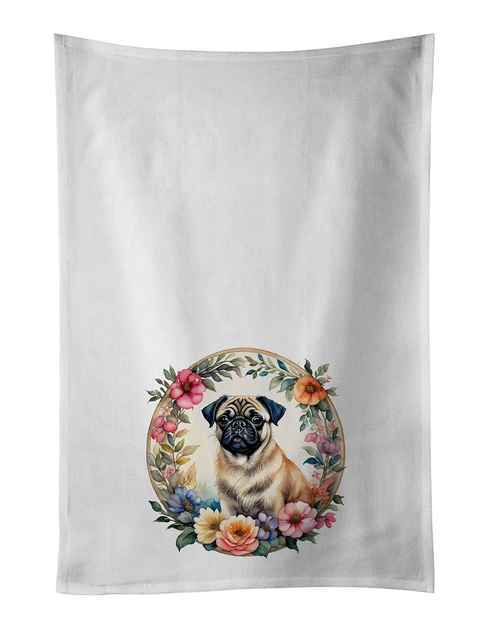 Fawn Pug and Flowers Kitchen Towel Set of 2 White Dish Towels Decorative Bathroom Hand towel for Hand, Face, Hair, Yoga, Tea, Di
