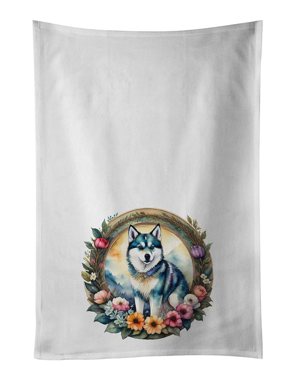 Alaskan Klee Kai and Flowers Kitchen Towel Set of 2 White Dish Towels Decorative Bathroom Hand towel for Hand, Face, Hair, Yoga,