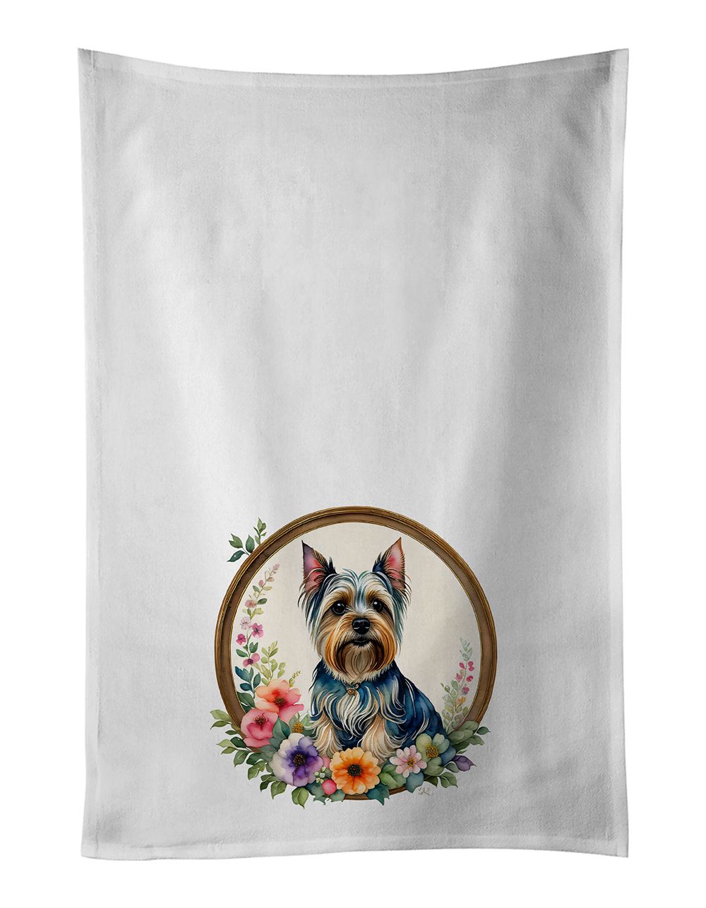 Silky Terrier and Flowers Kitchen Towel Set of 2 White Dish Towels Decorative Bathroom Hand towel for Hand, Face, Hair, Yoga, Te