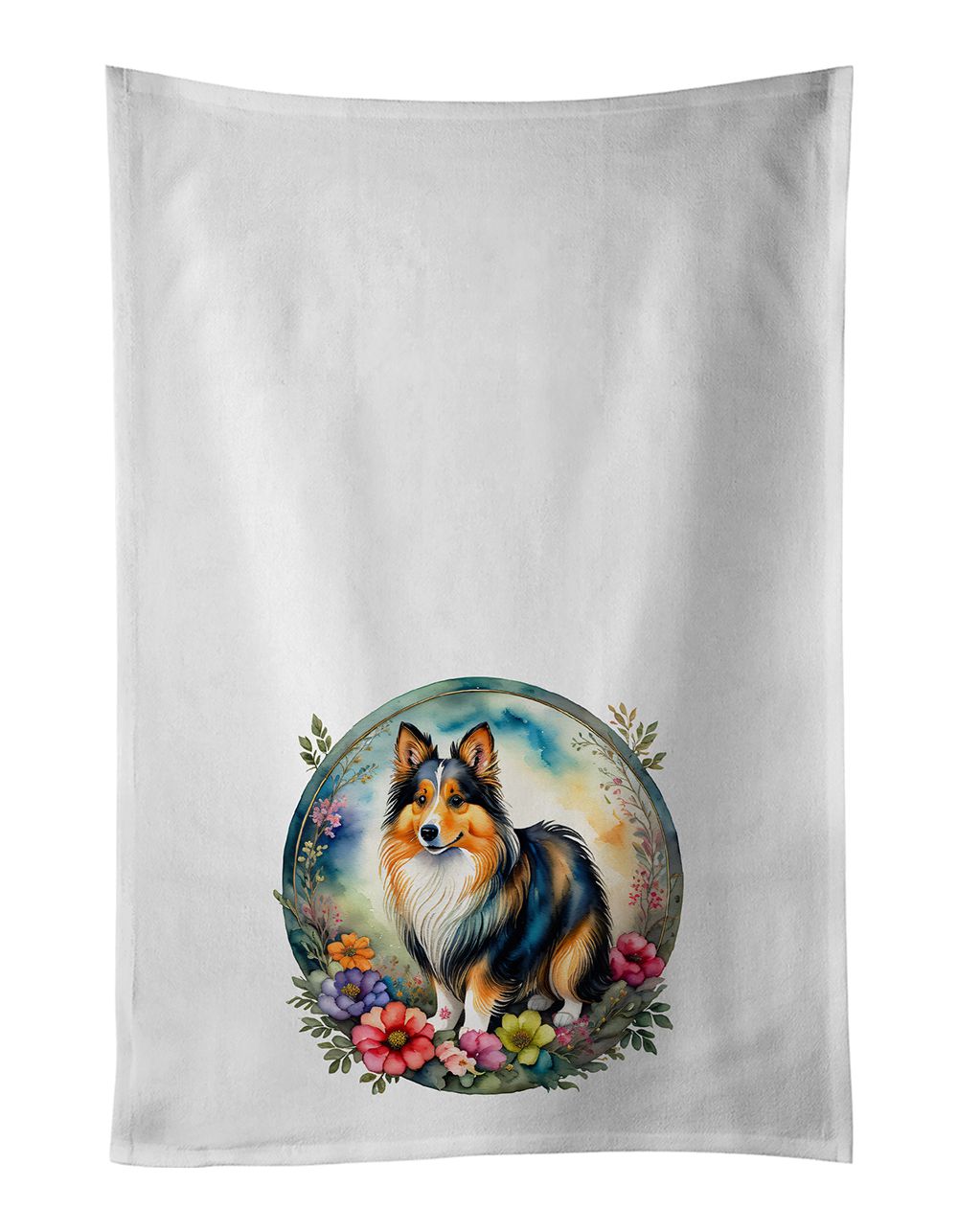 Sheltie and Flowers Kitchen Towel Set of 2 White Dish Towels Decorative Bathroom Hand towel for Hand, Face, Hair, Yoga, Tea, Dis