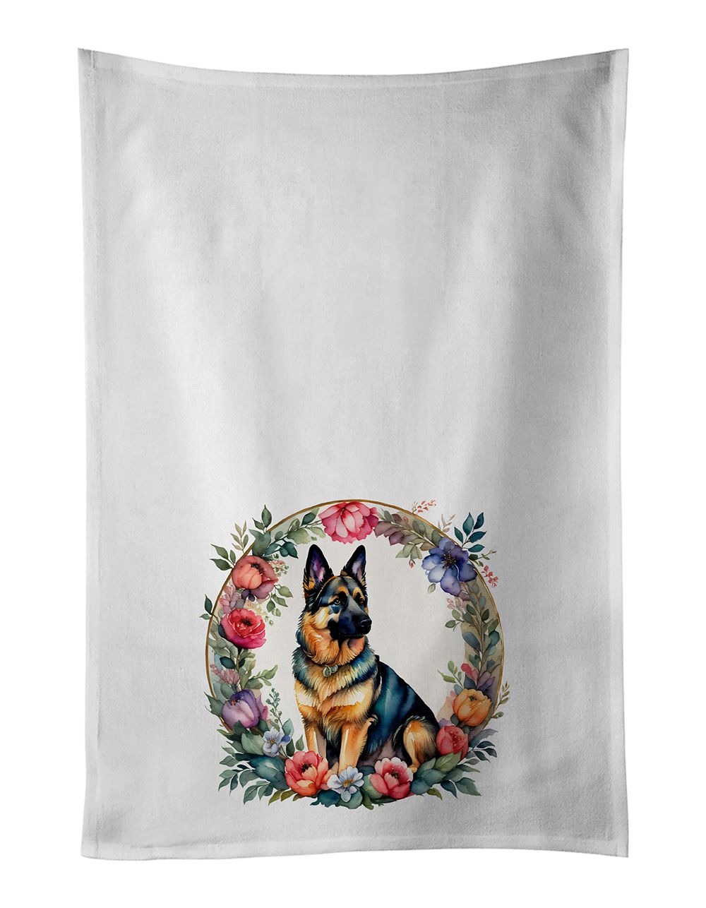 German Shepherd and Flowers Kitchen Towel Set of 2 White Dish Towels Decorative Bathroom Hand towel for Hand, Face, Hair, Yoga, 