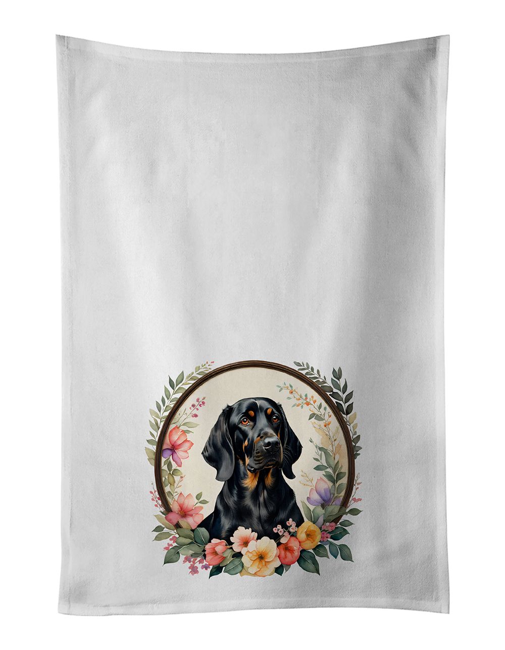 Black and Tan Coonhound and Flowers Kitchen Towel Set of 2 White Dish Towels Decorative Bathroom Hand towel for Hand, Face, Hair