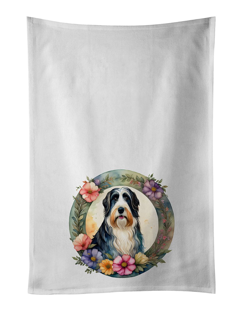 Bearded Collie and Flowers Kitchen Towel Set of 2 White Dish Towels Decorative Bathroom Hand towel for Hand, Face, Hair, Yoga, T