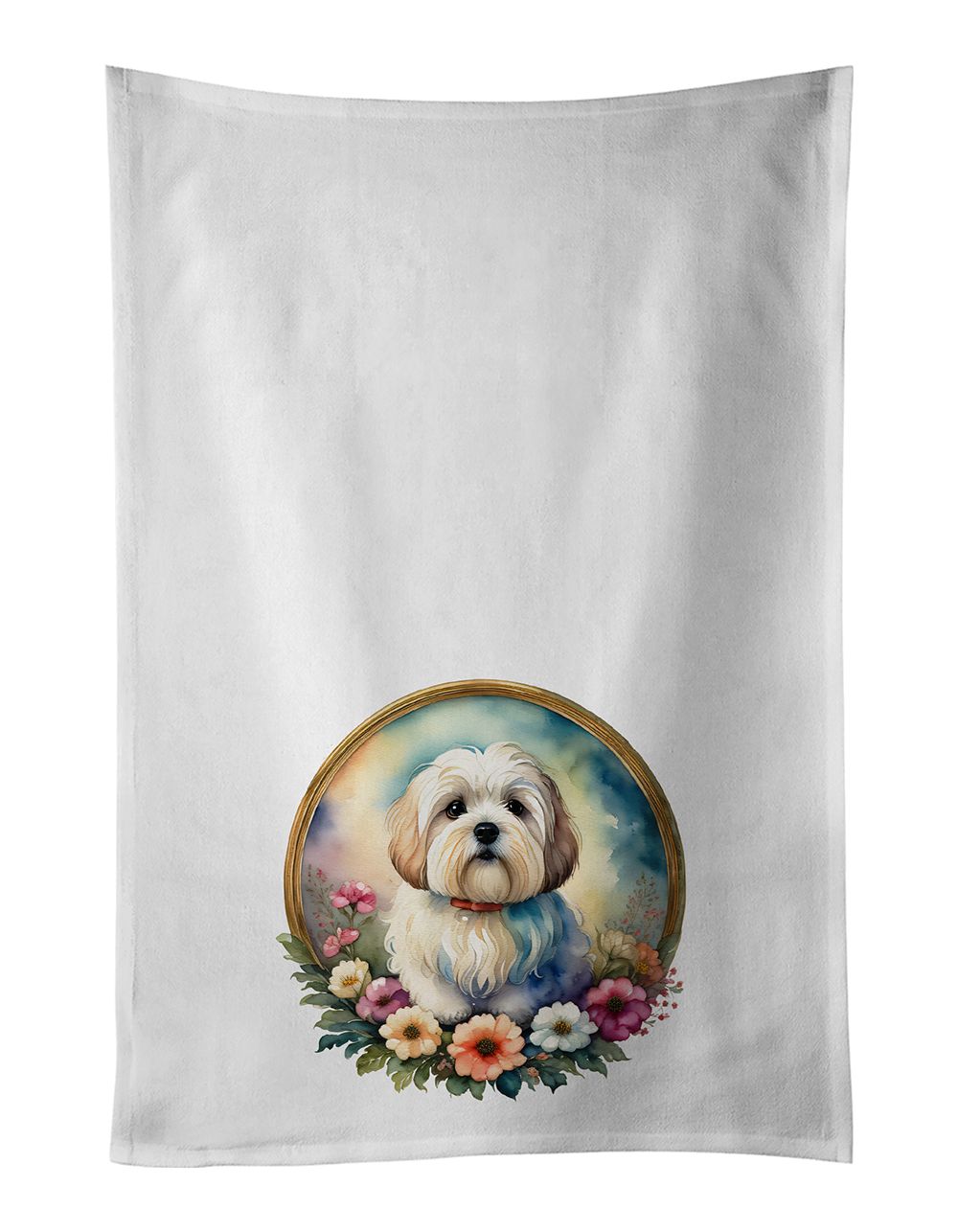 Coton De Tulear and Flowers Kitchen Towel Set of 2 White Dish Towels Decorative Bathroom Hand towel for Hand, Face, Hair, Yoga, 