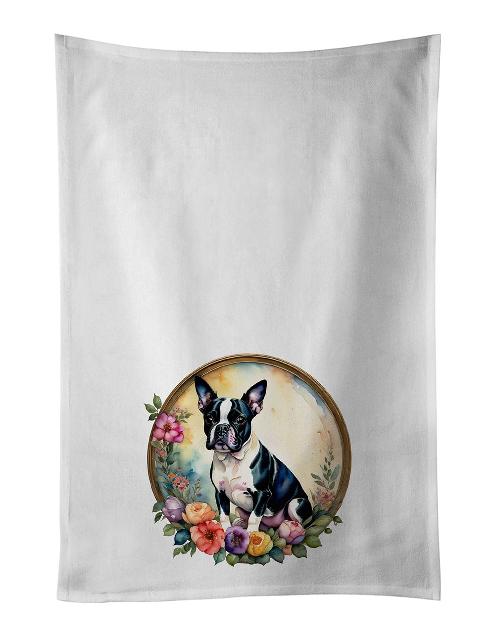 Boston Terrier and Flowers Kitchen Towel Set of 2 White Dish Towels Decorative Bathroom Hand towel for Hand, Face, Hair, Yoga, T