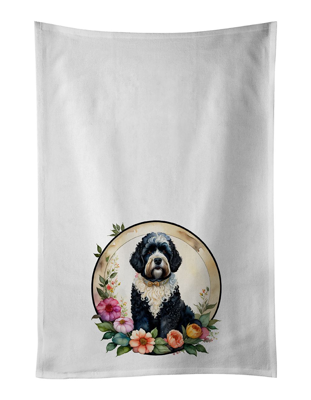 Portuguese Water Dog and Flowers Kitchen Towel Set of 2 White Dish Towels Decorative Bathroom Hand towel for Hand, Face, Hair, Y