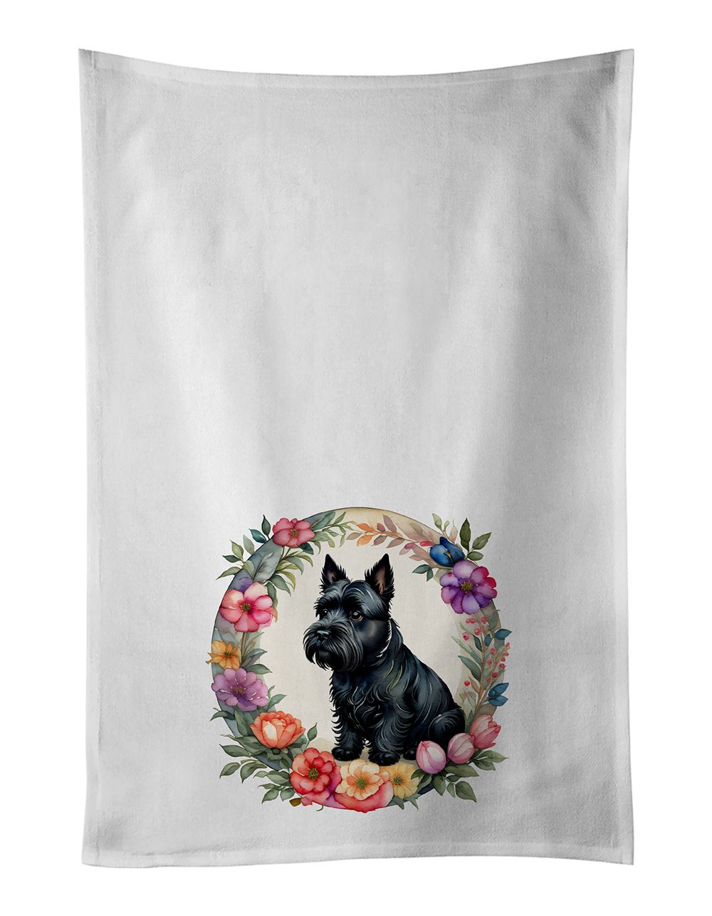 Scottish Terrier and Flowers Kitchen Towel Set of 2 White Dish Towels Decorative Bathroom Hand towel for Hand, Face, Hair, Yoga,