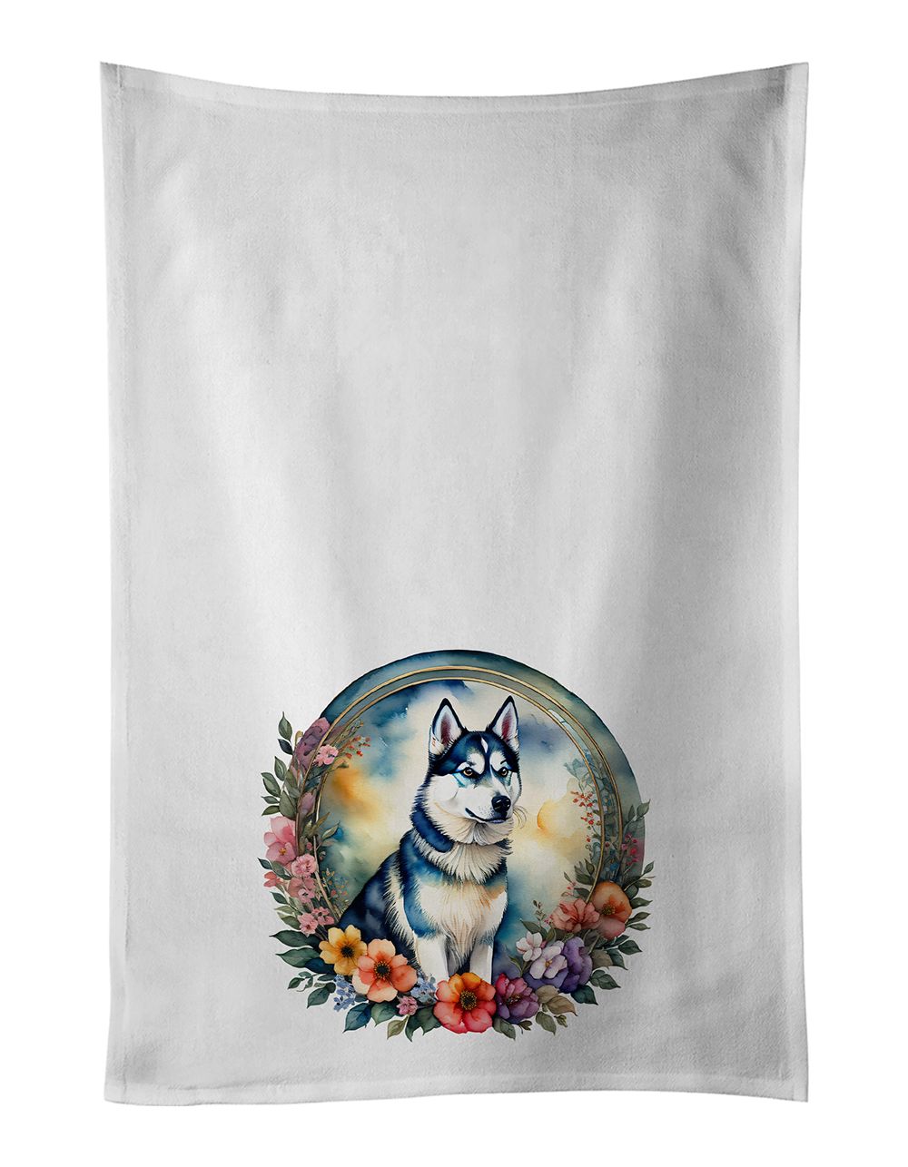 Siberian Husky and Flowers Kitchen Towel Set of 2 White Dish Towels Decorative Bathroom Hand towel for Hand, Face, Hair, Yoga, T