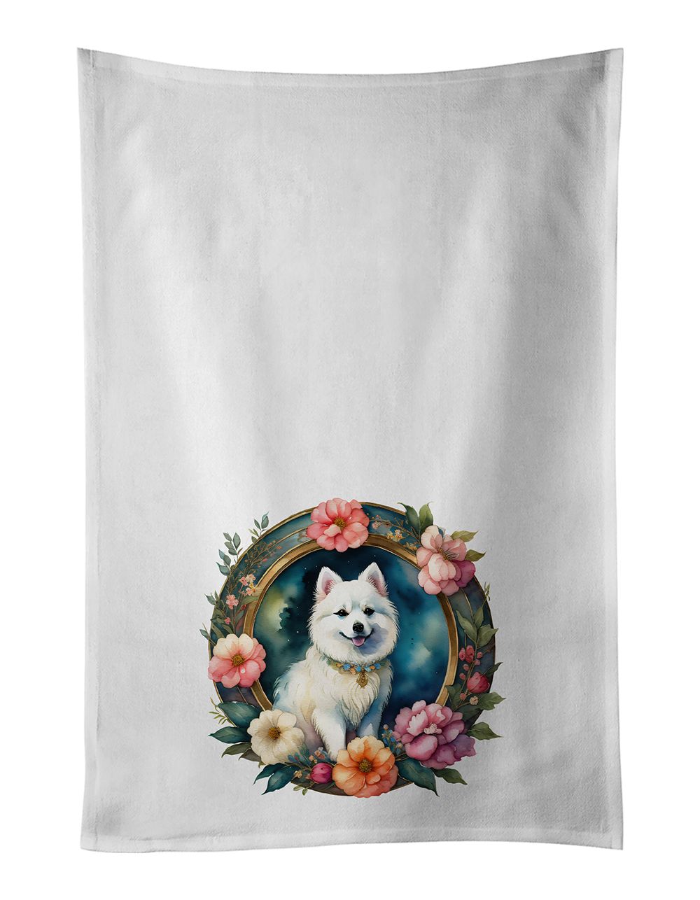 Japanese Spitz and Flowers Kitchen Towel Set of 2 White Dish Towels Decorative Bathroom Hand towel for Hand, Face, Hair, Yoga, T