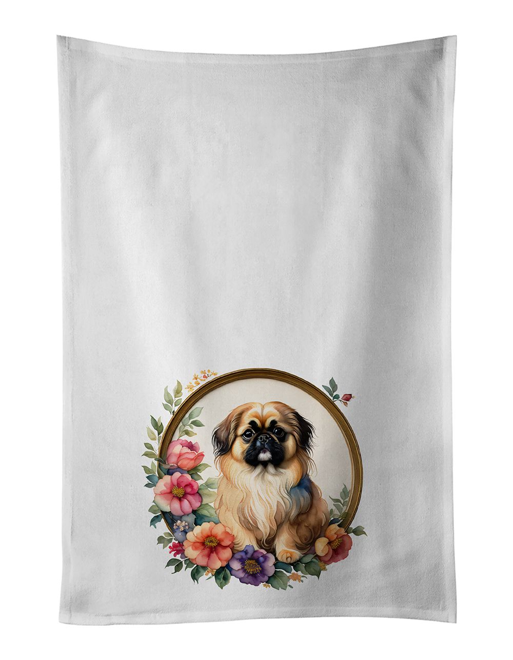 Pekingese and Flowers Kitchen Towel Set of 2 White Dish Towels Decorative Bathroom Hand towel for Hand, Face, Hair, Yoga, Tea, D
