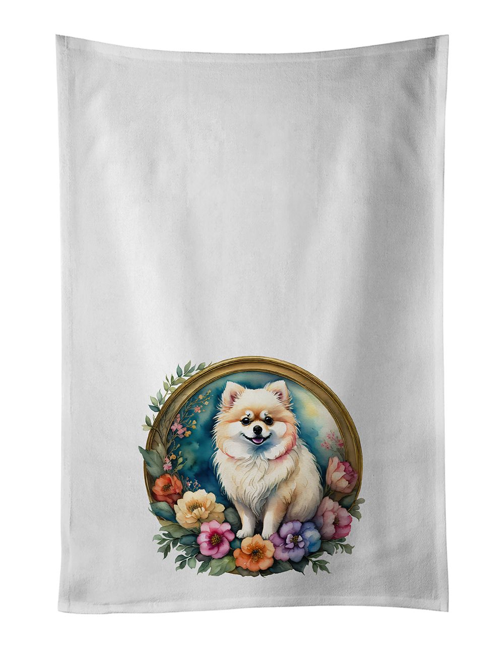 Pomeranian and Flowers Kitchen Towel Set of 2 White Dish Towels Decorative Bathroom Hand towel for Hand, Face, Hair, Yoga, Tea, 