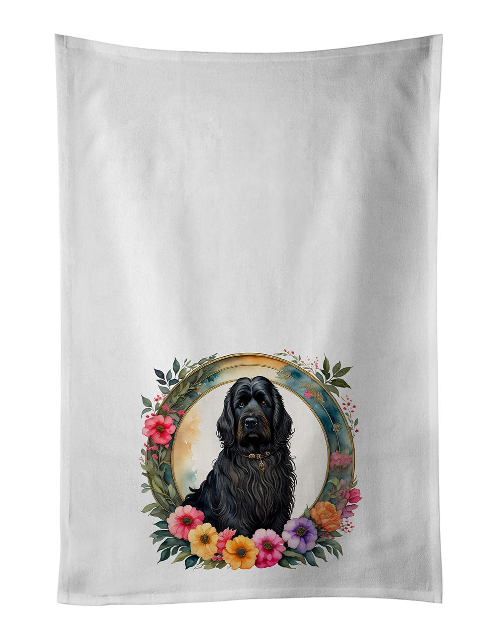 Briard and Flowers Kitchen Towel Set of 2 White Dish Towels Decorative Bathroom Hand towel for Hand, Face, Hair, Yoga, Tea, Dish