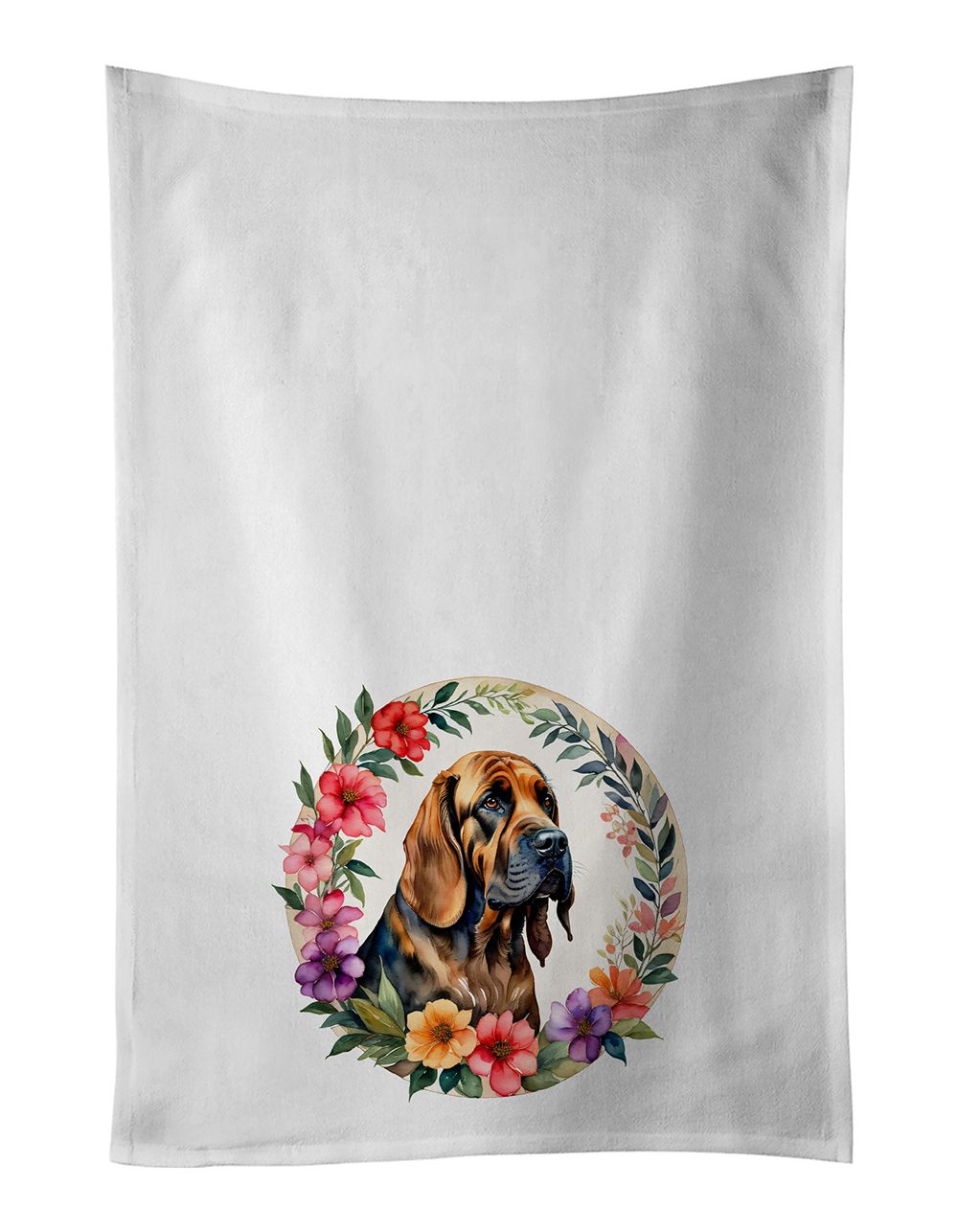 Bloodhound and Flowers Kitchen Towel Set of 2 White Dish Towels Decorative Bathroom Hand towel for Hand, Face, Hair, Yoga, Tea, 