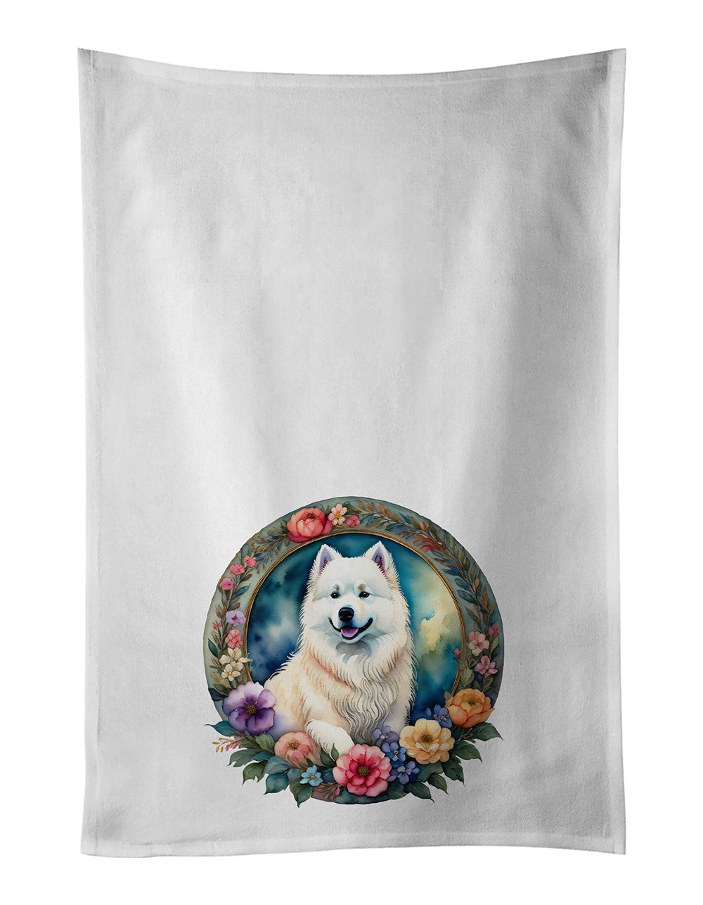 Samoyed and Flowers Kitchen Towel Set of 2 White Dish Towels Decorative Bathroom Hand towel for Hand, Face, Hair, Yoga, Tea, Dis
