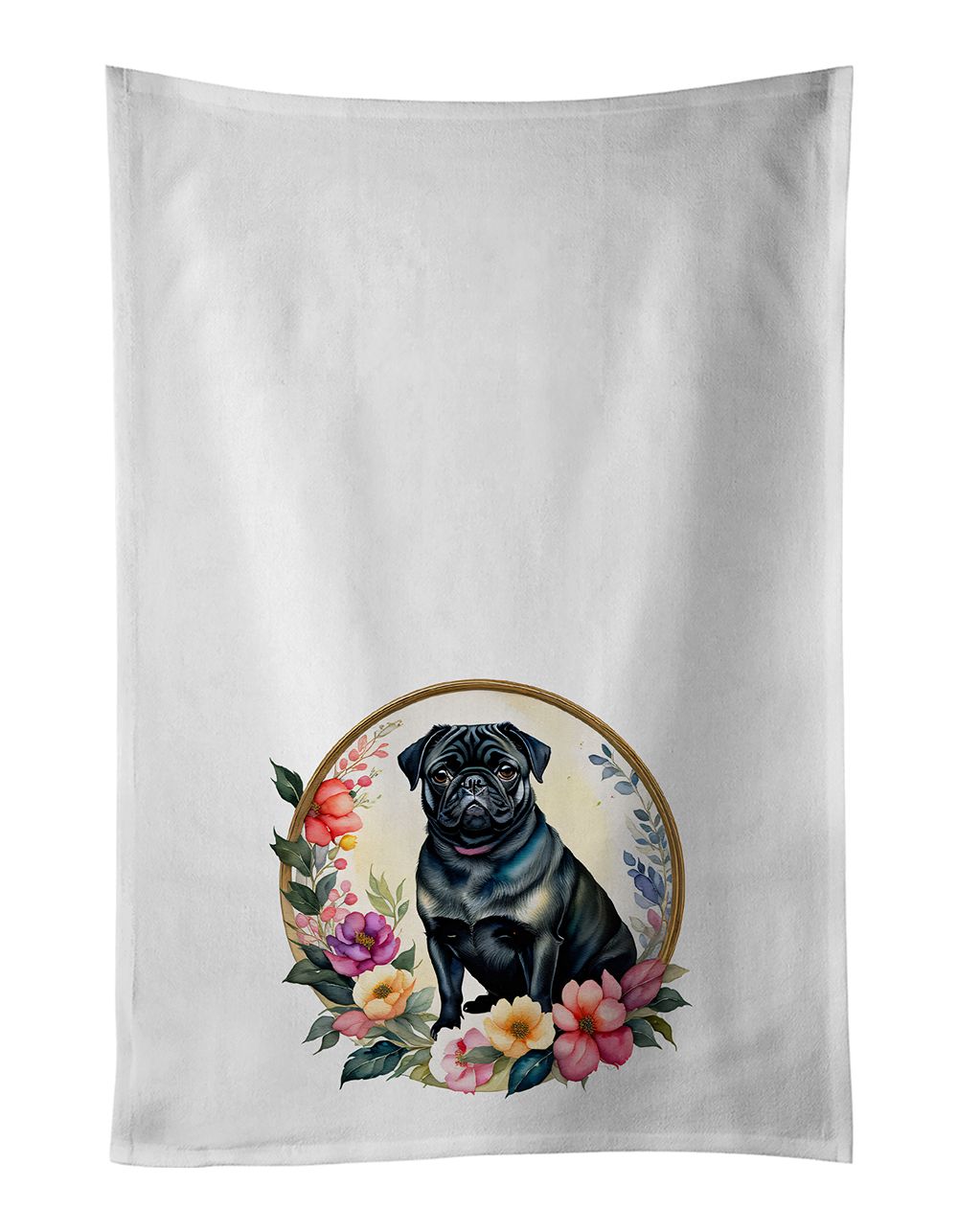 Black Pug and Flowers Kitchen Towel Set of 2 White Dish Towels Decorative Bathroom Hand towel for Hand, Face, Hair, Yoga, Tea, D