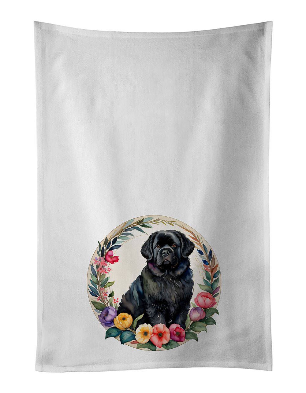 Newfoundland and Flowers Kitchen Towel Set of 2 White Dish Towels Decorative Bathroom Hand towel for Hand, Face, Hair, Yoga, Tea