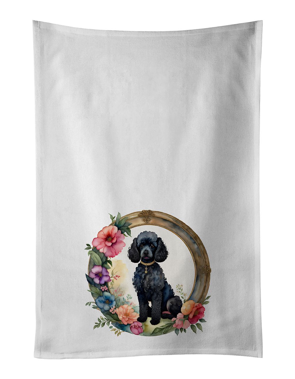 Black Poodle and Flowers Kitchen Towel Set of 2 White Dish Towels Decorative Bathroom Hand towel for Hand, Face, Hair, Yoga, Tea