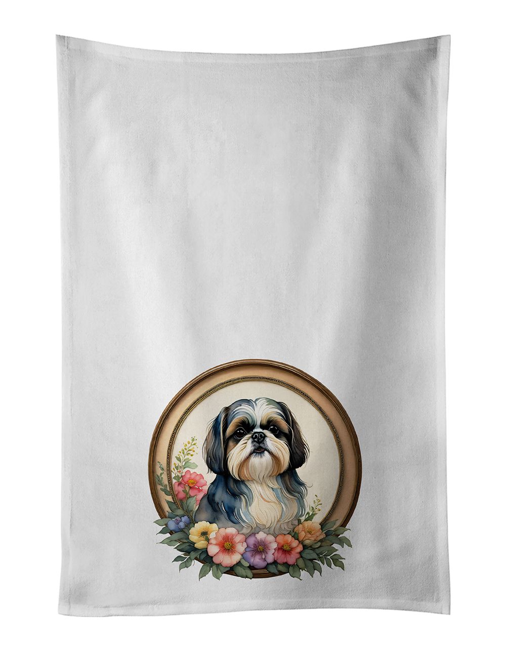 Shih Tzu and Flowers Kitchen Towel Set of 2 White Dish Towels Decorative Bathroom Hand towel for Hand, Face, Hair, Yoga, Tea, Di