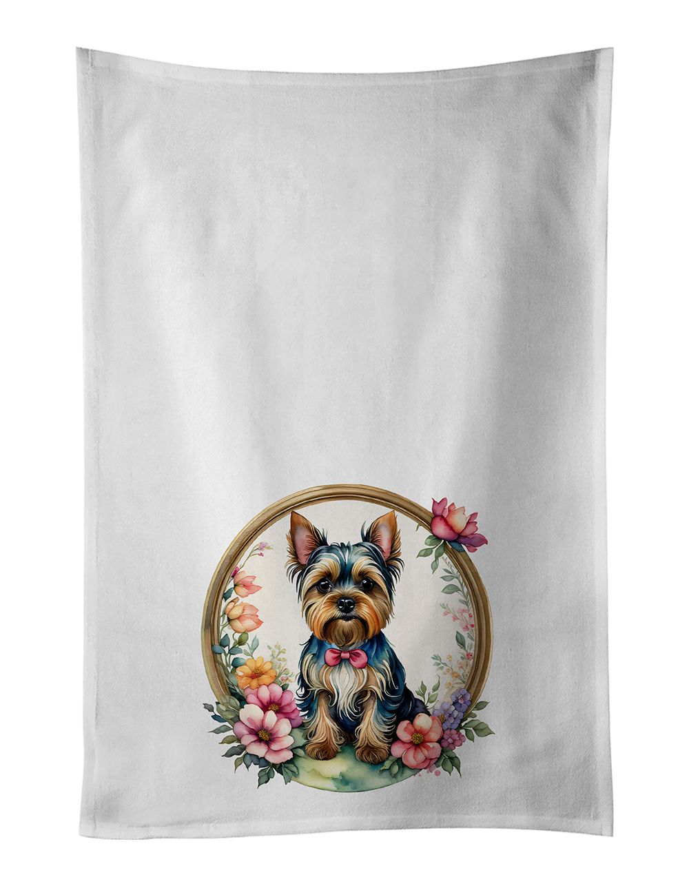 Yorkshire Terrier and Flowers Kitchen Towel Set of 2 White Dish Towels Decorative Bathroom Hand towel for Hand, Face, Hair, Yoga