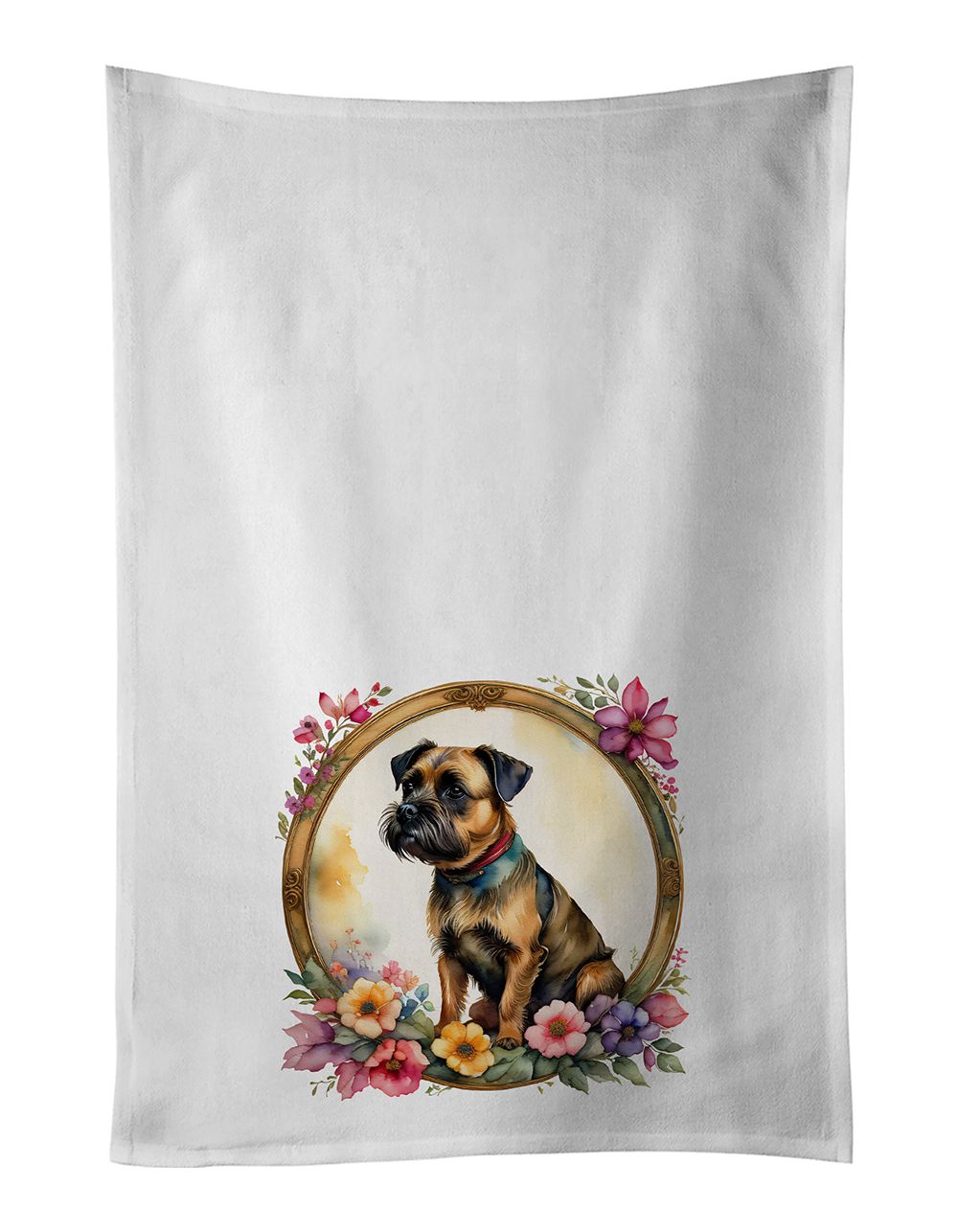 Border Terrier and Flowers Kitchen Towel Set of 2 White Dish Towels Decorative Bathroom Hand towel for Hand, Face, Hair, Yoga, T