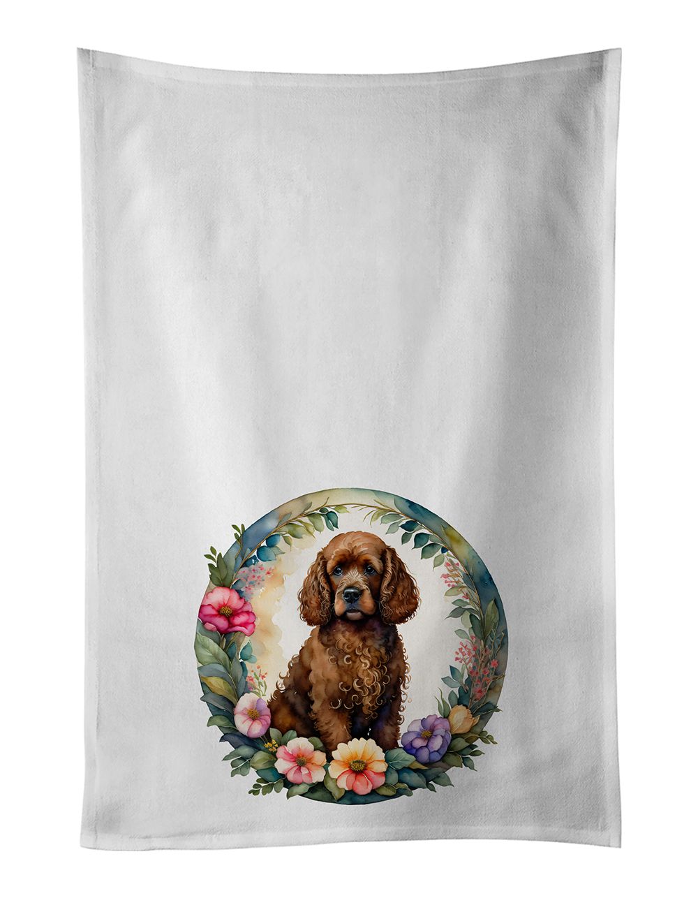 Irish Water Spaniel and Flowers Kitchen Towel Set of 2 White Dish Towels Decorative Bathroom Hand towel for Hand, Face, Hair, Yo