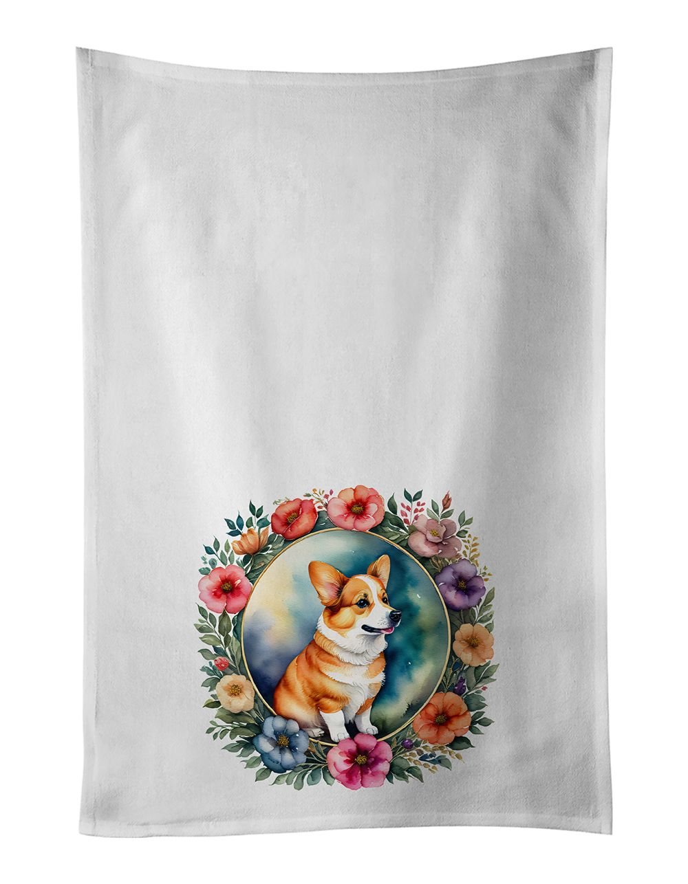 Corgi and Flowers Kitchen Towel Set of 2 White Dish Towels Decorative Bathroom Hand towel for Hand, Face, Hair, Yoga, Tea, Dishc