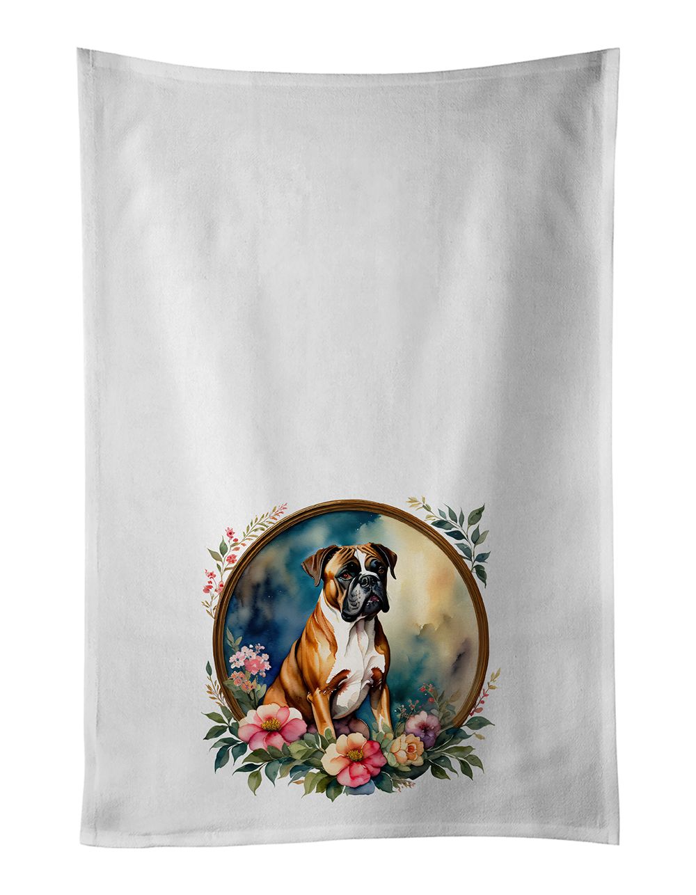 Boxer and Flowers Kitchen Towel Set of 2 White Dish Towels Decorative Bathroom Hand towel for Hand, Face, Hair, Yoga, Tea, Dishc