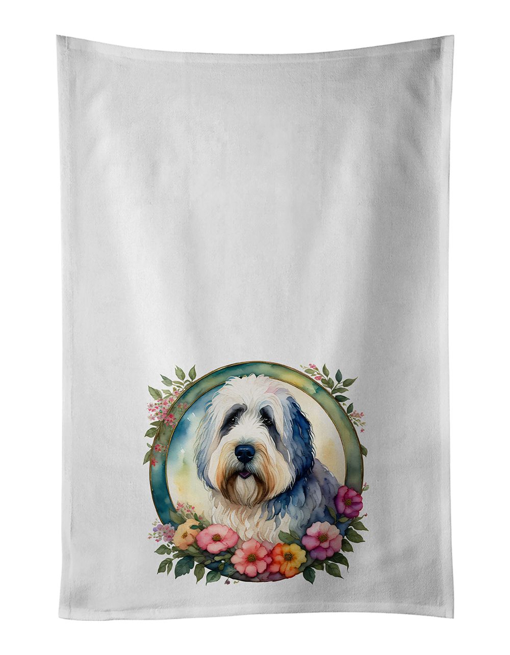 Old English Sheepdog and Flowers Kitchen Towel Set of 2 White Dish Towels Decorative Bathroom Hand towel for Hand, Face, Hair, Y