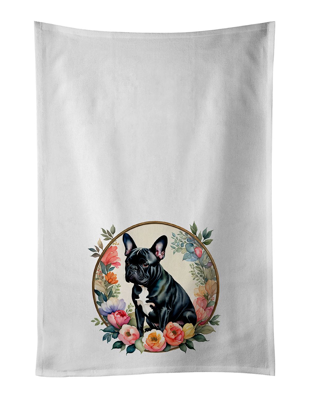 Black French Bulldog and Flowers Kitchen Towel Set of 2 White Dish Towels Decorative Bathroom Hand towel for Hand, Face, Hair, Y