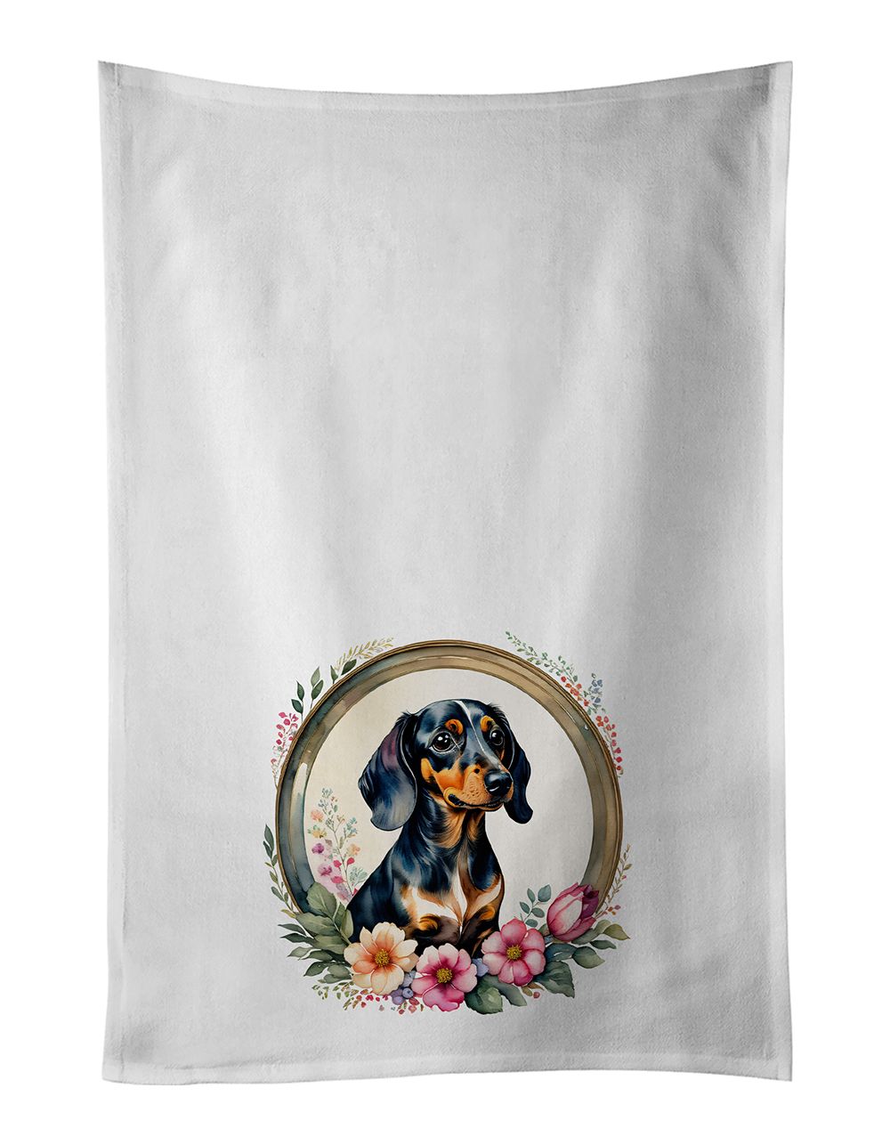 Dachshund and Flowers Kitchen Towel Set of 2 White Dish Towels Decorative Bathroom Hand towel for Hand, Face, Hair, Yoga, Tea, D