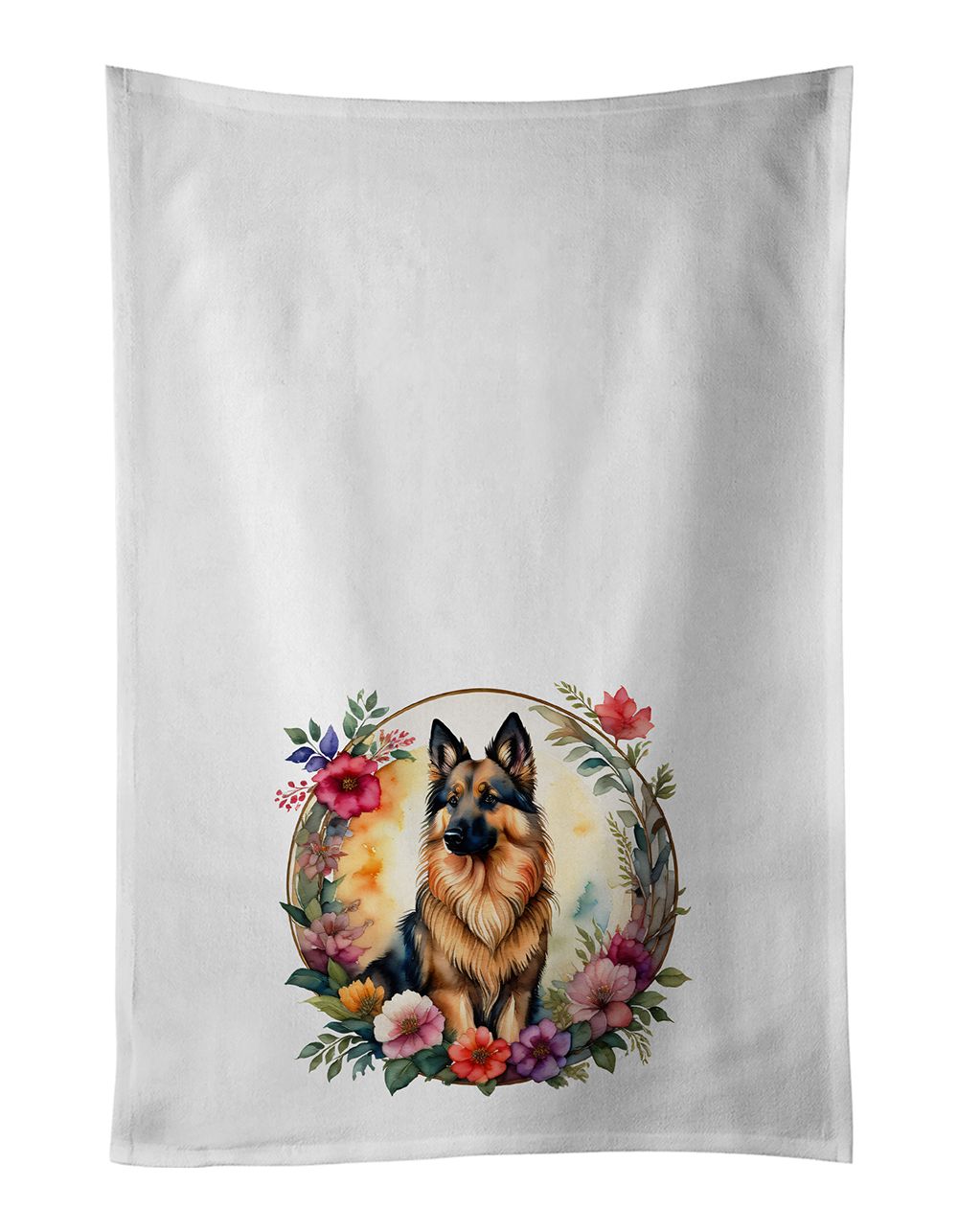 Belgian Tervuren and Flowers Kitchen Towel Set of 2 White Dish Towels Decorative Bathroom Hand towel for Hand, Face, Hair, Yoga,