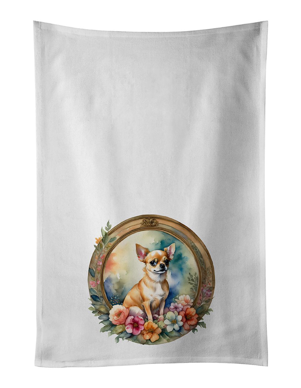 Chihuahua and Flowers Kitchen Towel Set of 2 White Dish Towels Decorative Bathroom Hand towel for Hand, Face, Hair, Yoga, Tea, D