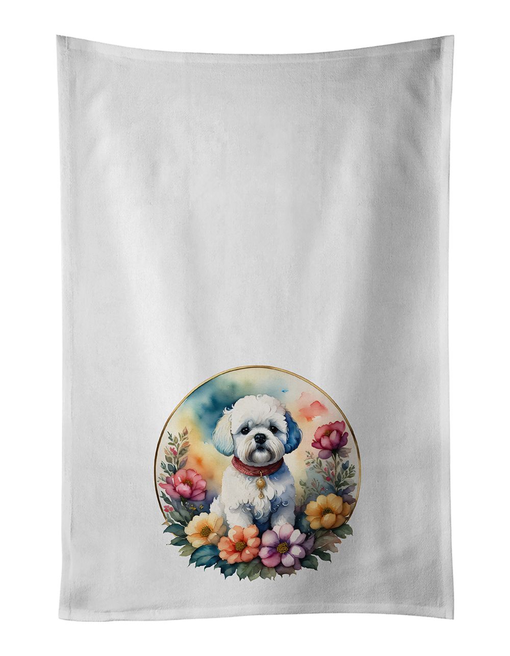 Bichon Frise and Flowers Kitchen Towel Set of 2 White Dish Towels Decorative Bathroom Hand towel for Hand, Face, Hair, Yoga, Tea