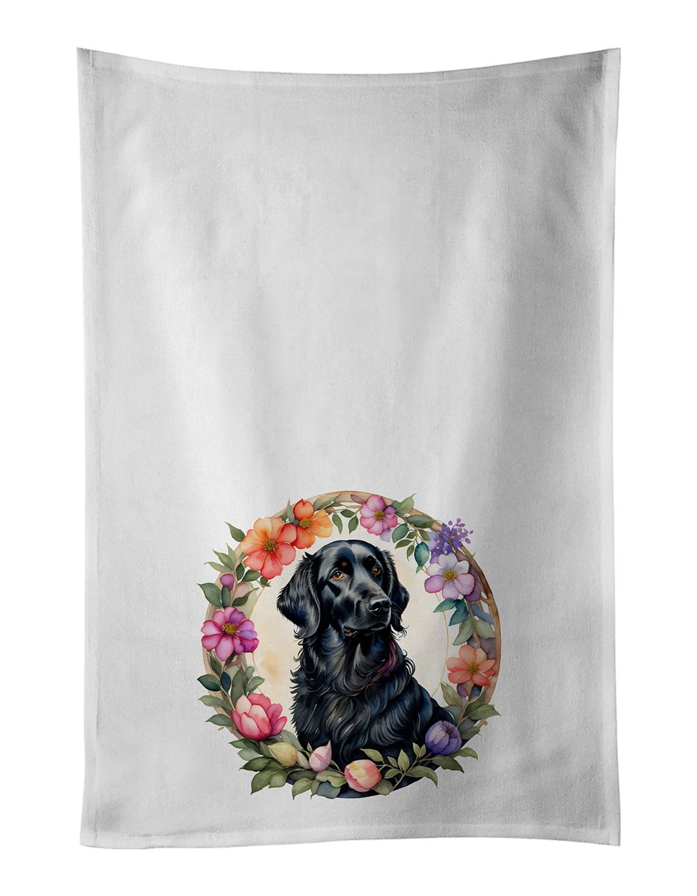 Flat-Coated Retriever and Flowers Kitchen Towel Set of 2 White Dish Towels Decorative Bathroom Hand towel for Hand, Face, Hair, 