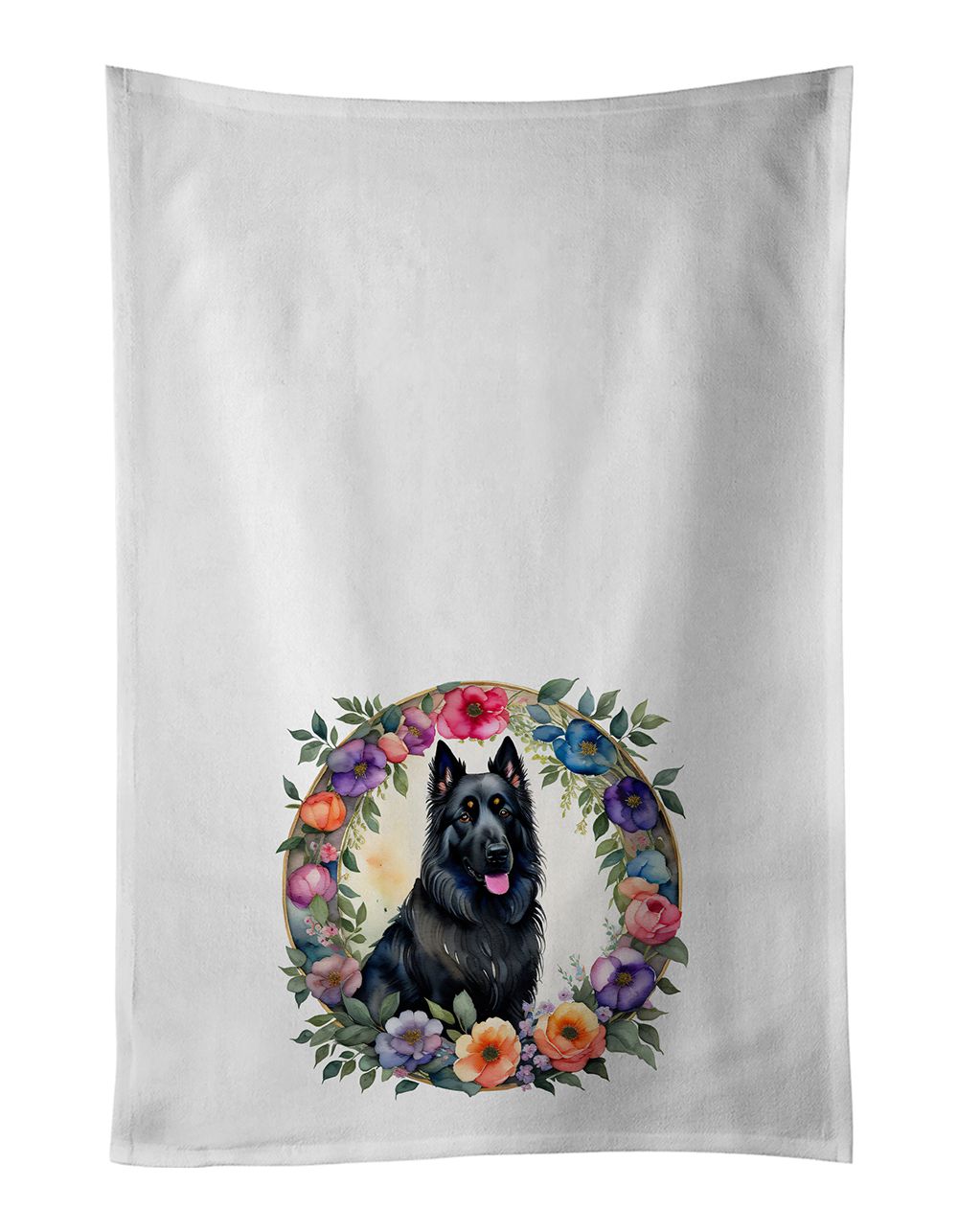 Belgian Sheepdog and Flowers Kitchen Towel Set of 2 White Dish Towels Decorative Bathroom Hand towel for Hand, Face, Hair, Yoga,