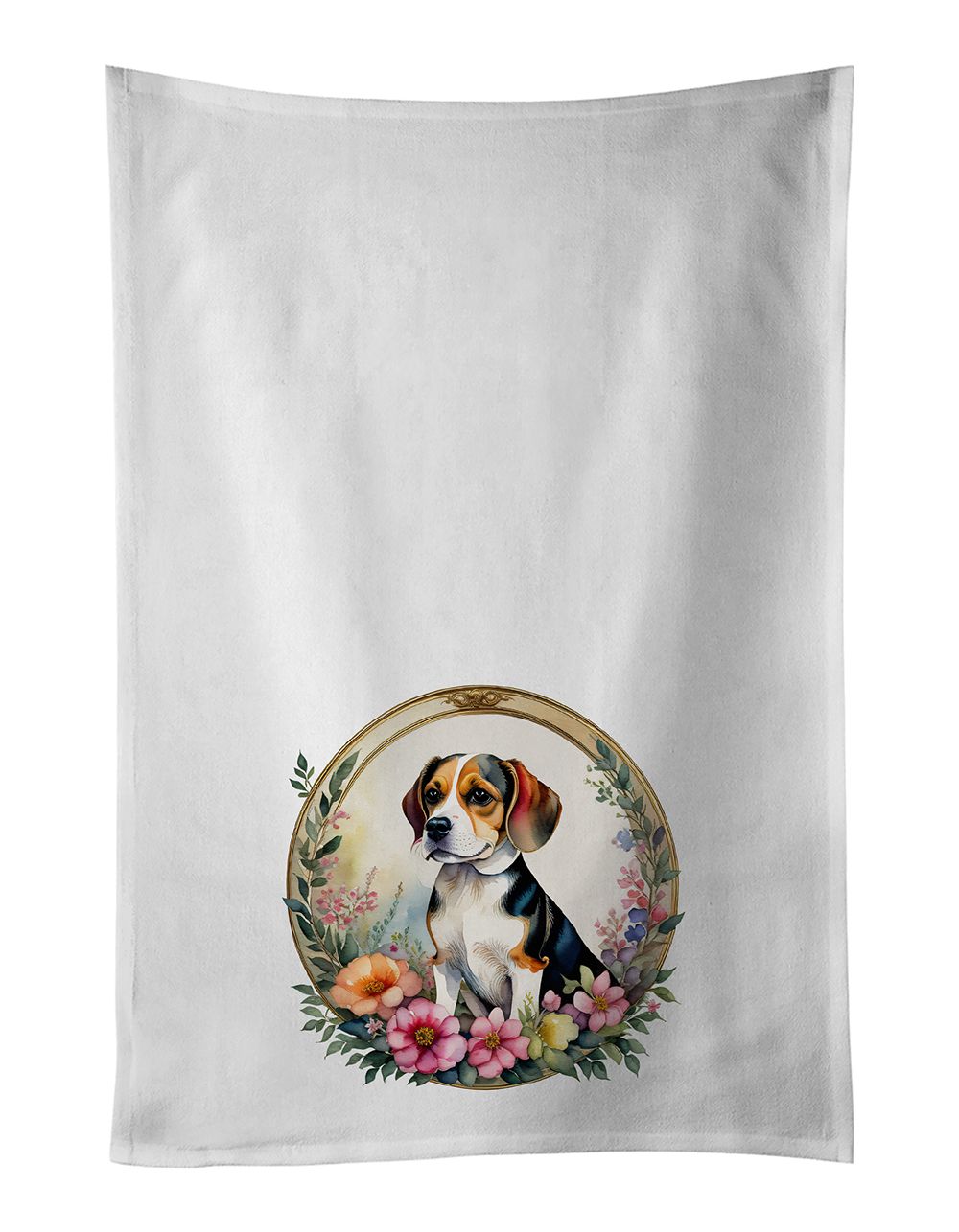Beagle and Flowers Kitchen Towel Set of 2 White Dish Towels Decorative Bathroom Hand towel for Hand, Face, Hair, Yoga, Tea, Dish