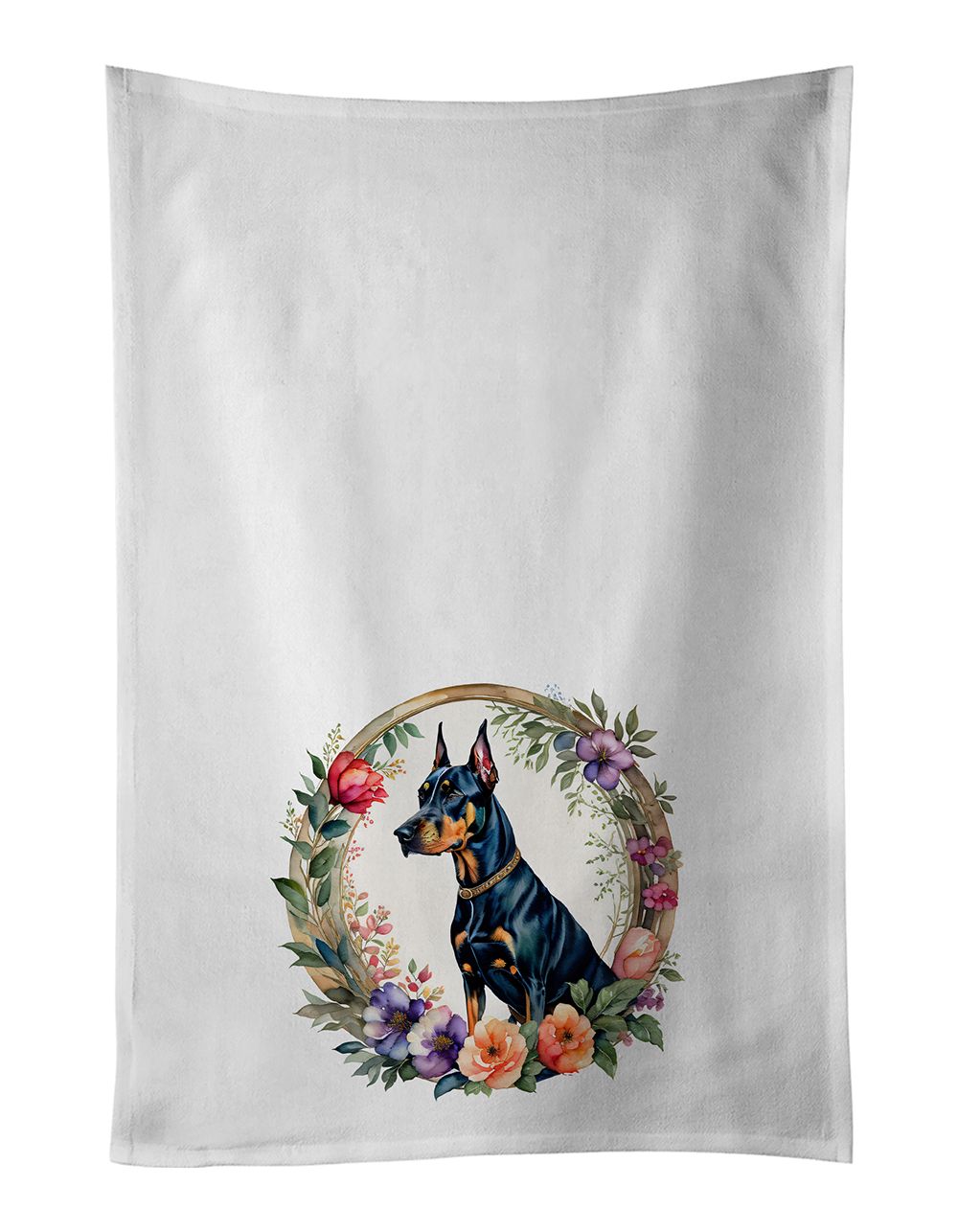 Doberman Pinscher and Flowers Kitchen Towel Set of 2 White Dish Towels Decorative Bathroom Hand towel for Hand, Face, Hair, Yoga