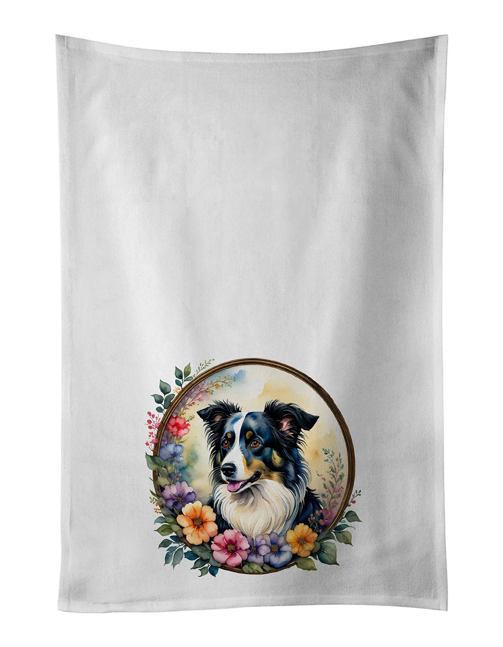 Border Collie and Flowers Kitchen Towel Set of 2 White Dish Towels Decorative Bathroom Hand towel for Hand, Face, Hair, Yoga, Te