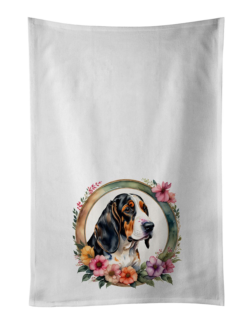 Basset Hound and Flowers Kitchen Towel Set of 2 White Dish Towels Decorative Bathroom Hand towel for Hand, Face, Hair, Yoga, Tea