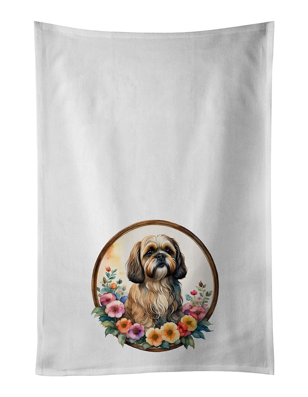 Lhasa Apso and Flowers Kitchen Towel Set of 2 White Dish Towels Decorative Bathroom Hand towel for Hand, Face, Hair, Yoga, Tea, 