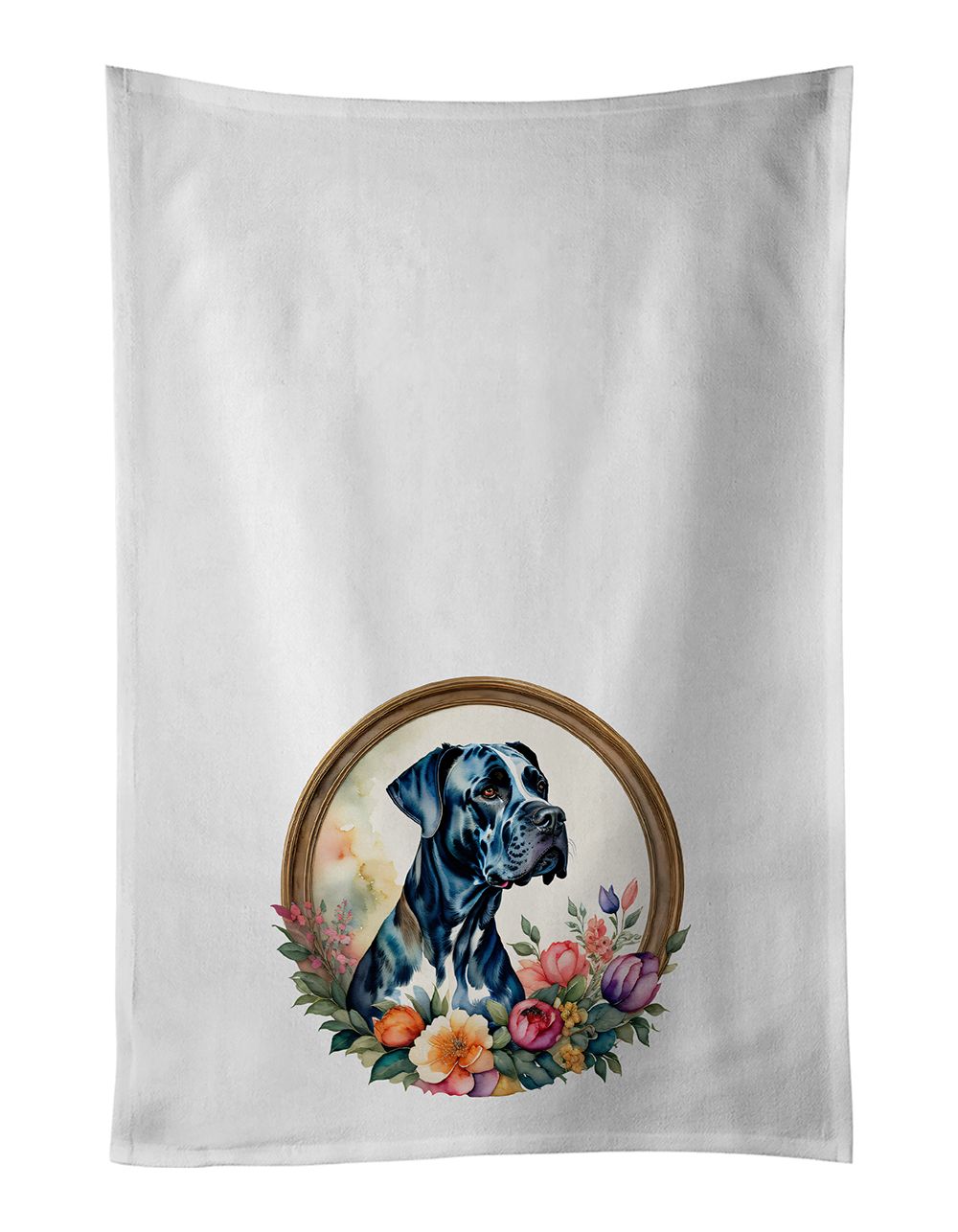 Great Dane and Flowers Kitchen Towel Set of 2 White Dish Towels Decorative Bathroom Hand towel for Hand, Face, Hair, Yoga, Tea, 