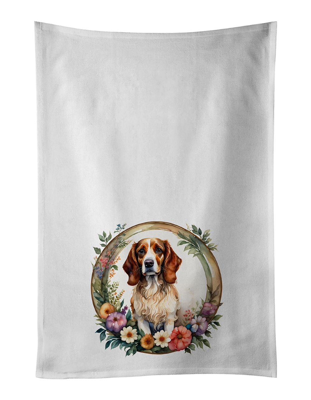 Brittany Spaniel and Flowers Kitchen Towel Set of 2 White Dish Towels Decorative Bathroom Hand towel for Hand, Face, Hair, Yoga,