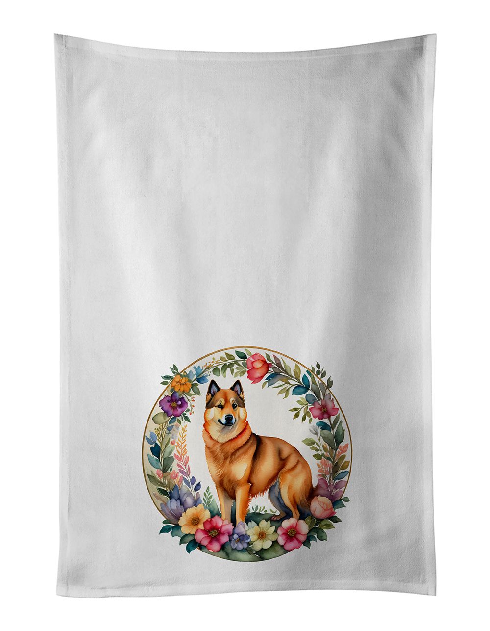 Finnish Spitz and Flowers Kitchen Towel Set of 2 White Dish Towels Decorative Bathroom Hand towel for Hand, Face, Hair, Yoga, Te