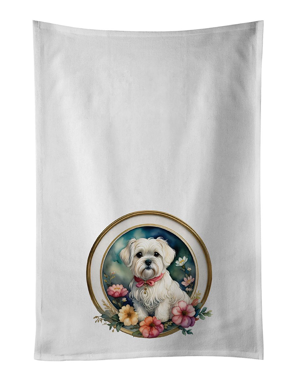 Maltese and Flowers Kitchen Towel Set of 2 White Dish Towels Decorative Bathroom Hand towel for Hand, Face, Hair, Yoga, Tea, Dis