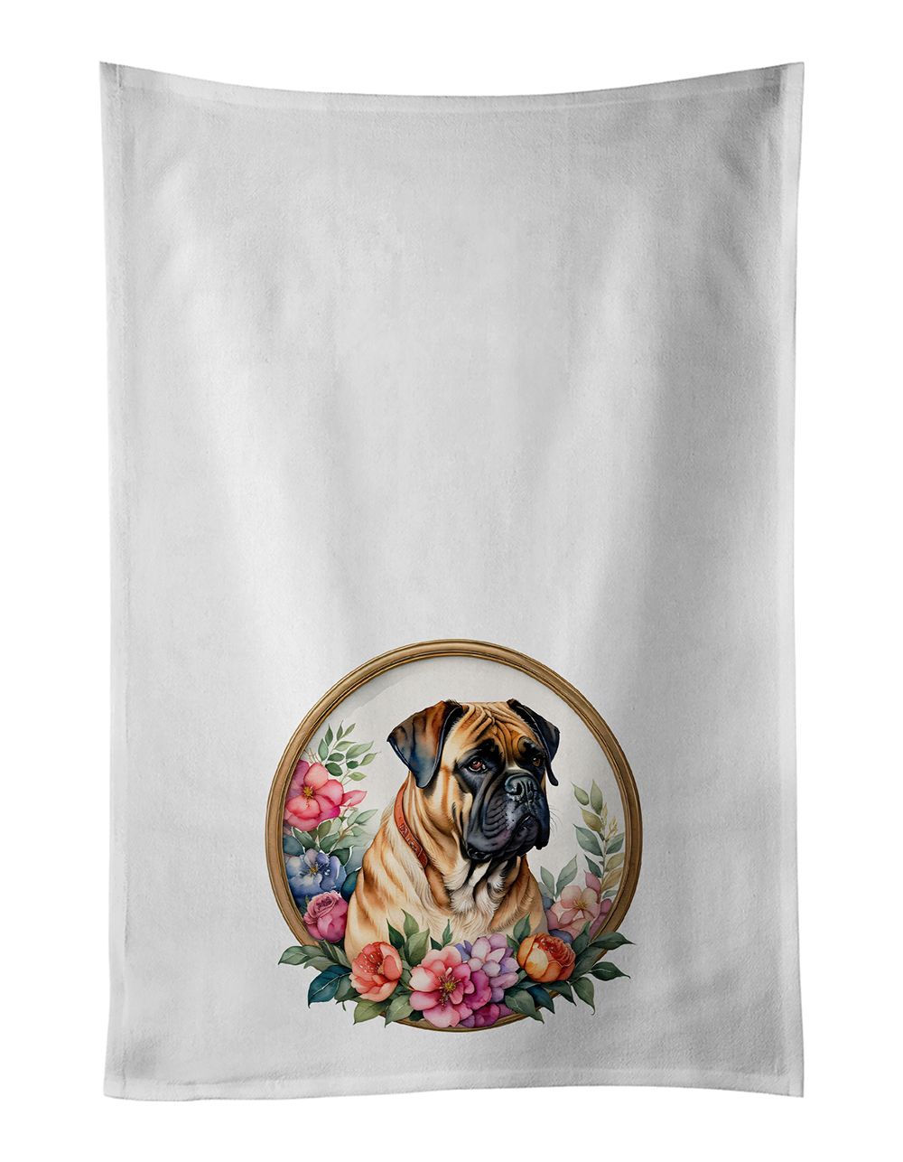 Bullmastiff and Flowers Kitchen Towel Set of 2 White Dish Towels Decorative Bathroom Hand towel for Hand, Face, Hair, Yoga, Tea,